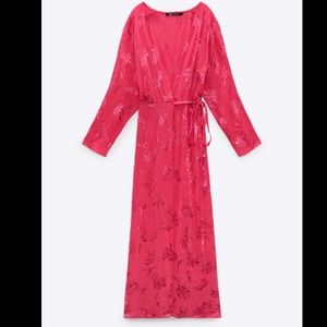 Zara JACQUARD WRAP DRESS Size S pink fuschia NWT